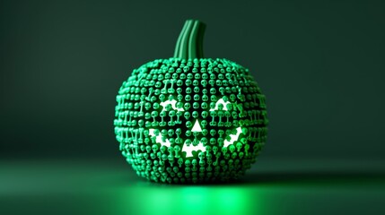 Sticker - Halloween pumpkin composed of tiny vampire bats, skeletons, and zombies, glowing with eerie green light, on a dark green to black gradient background 