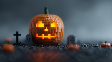 Sticker - Halloween pumpkin crafted from miniature zombies, tombstones, and eerie fog, glowing with ghostly light, on a misty gray to black gradient background 