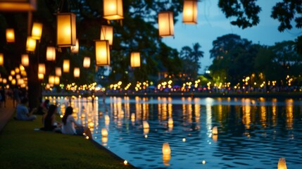 Sticker - Nighttime scene of a park with people sitting around a lake, releasing krathongs and enjoying the Loy Krathong festival 