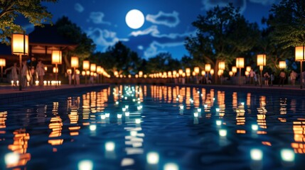 Poster - Nighttime scene of a riverside park glowing with lanterns and people enjoying the Harvest Moon Festival under the full moon 