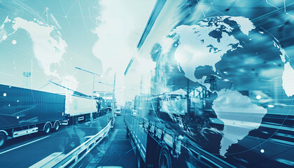 Logistics concept. Multiple exposure of different transports and world globe, toned in blue