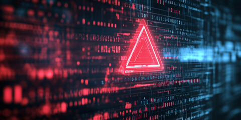 Red warning triangle on a digital background with binary code, depicting the concept of a cyber attack or system breach in security and data protection