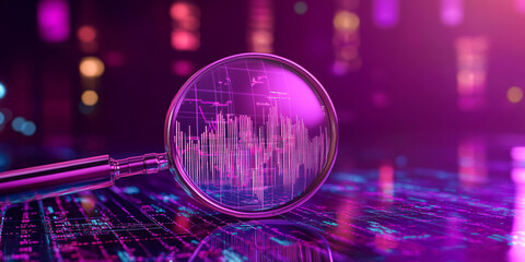 Wall Mural - A purple holographic magnifying glass floating over digital graphs and charts, symbolizing the vision of technological innovation in financial analysis