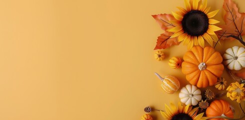 Poster - Autumn Harvest Arrangement With Pumpkins and Sunflowers on Yellow Background