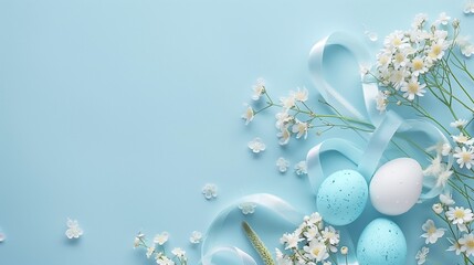 Easter composition made with flowers and eggs on bright blue background with ribbon copy space. creative minimal holiday concept. flat lay.