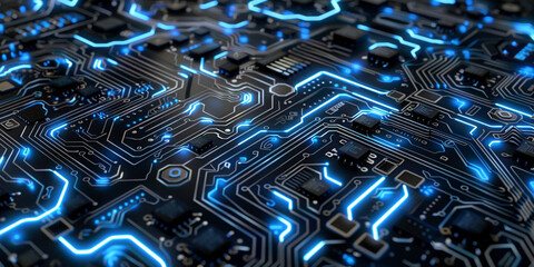 A close-up of an intricate circuit board with glowing blue wires, symbolizing the advanced technology behind AI technology