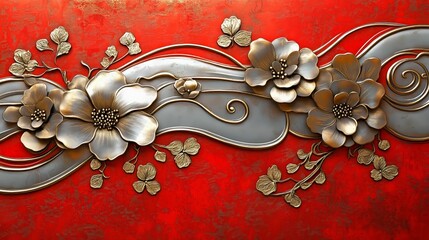 Poster - Three-dimensional floral designs with metallic detailing set against a bold red backdrop