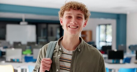 Poster - Classroom, face and male student in university for education, knowledge and future goals with learning. College, boy and smile in laboratory for thesis research, assignment and studying with pride