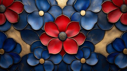 Poster - A vibrant floral arrangement showcases red and blue flowers in an artistic design on a decorative wall surface