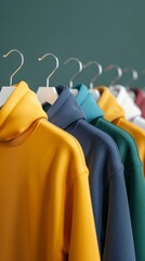 Wall Mural - A row of clothes hanging on a rack, including a yellow hoodie and a blue hoodie