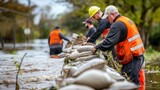 volunteers setting up sandbags to control flooding from a breached dam, with rising water levels nearby