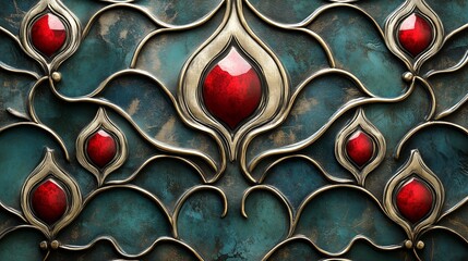 Canvas Print - Decorative metalwork showcases red gemstones embedded in swirls against a teal backdrop