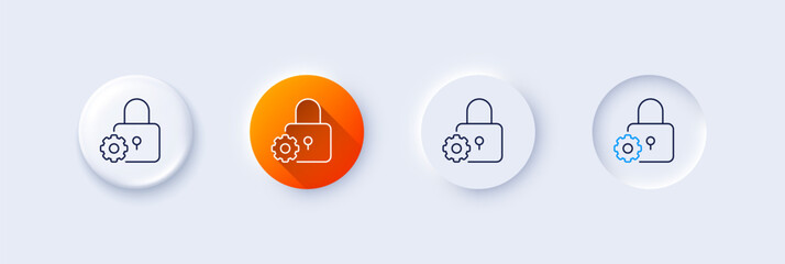 Wall Mural - Lock line icon. Neumorphic, Orange gradient, 3d pin buttons. Padlock cogwheel sign. Security settings symbol. Line icons. Neumorphic buttons with outline signs. Vector