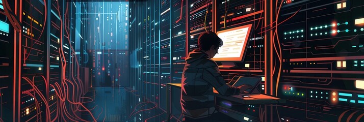 Leinwandbilder - A skilled hacker types on a laptop in a dimly lit data center, surrounded by glowing servers and complex network setups, focused on their digital task. Generative AI