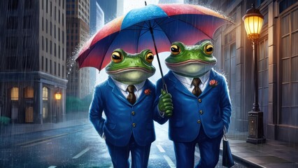 Wall Mural - Two frogs in suits holding an umbrella on a rainy day, AI