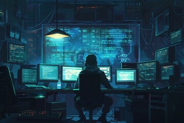 Leinwandbilder - A hacker focuses on multiple screens, coding and analyzing data in a dimly lit room filled with high-tech equipment. Generative AI