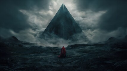 Canvas Print - A man in red cloak standing on a mountain with clouds and fog, AI