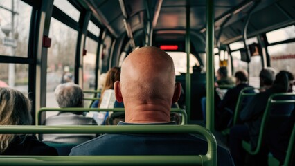 Canvas Print - A man sitting on a bus with other people in the back, AI