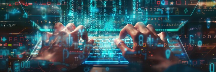Leinwandbilder - A hacker types rapidly on a keyboard, surrounded by glowing digital codes and symbols that convey the intensity of their virtual activity. Generative AI