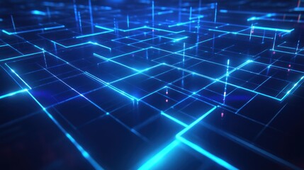 Wall Mural - Abstract Blue Neon Grid with Glowing Lines