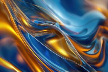 Poster - Blue and gold liquid metal texture forming an abstract wavy pattern background