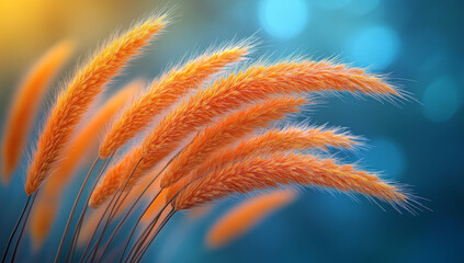 Close-up of vibrant orange and yellow grasses swaying in the wind, set against an abstract blue background. The grass is detailed with sharp edges and textured surface for depth. 