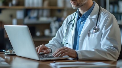 Poster - Doctor in a White Coat Using a Laptop