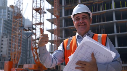 Architect holding blueprints with a thumbs up at a construction site