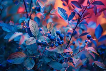 Sticker - Close up of a blueberry bush with vibrant blue leaves and ripe berries, bathed in warm sunlight