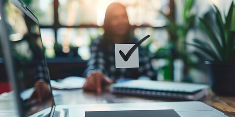 Poster - a woman is sitting at a desk with a laptop and a check mark on a piece of paper. the check mark is o