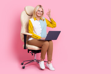 Wall Mural - Full size photo of nice aged lady sit chair laptop okey symbol wear shirt isolated on pink color background