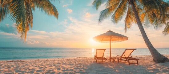 Two Beach Chairs Under a Palm Tree at Sunset