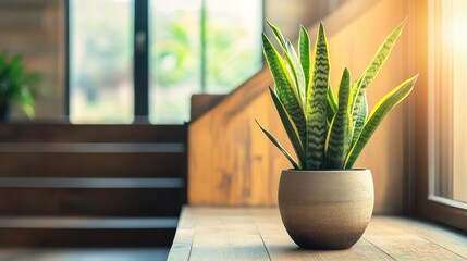 Wall Mural - Snake plant in ceramic pot on wooden table in a modern interior with sunlight. Home decor and indoor gardening concept