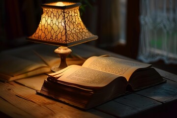 Poster - Antique book is open on a wooden table, illuminated by a lamp with a warm glow
