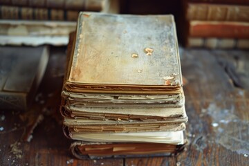 Poster - Stack of old antique books with worn out pages laying on wooden desk