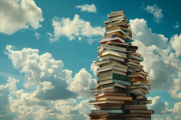 Poster - Tall stack of books standing tall against a bright blue, cloudy sky