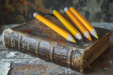Poster - Three yellow pencils are resting on top of a weathered book with a leather cover