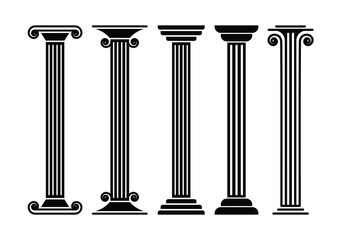 Set of Ancient roman columns symbol collection. Pillar icon. Law Marble Sculpture. Vector Illustration.