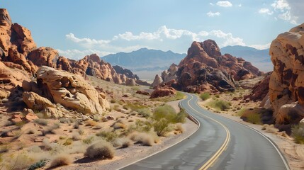 Road winding through desert hills under a vibrant sky