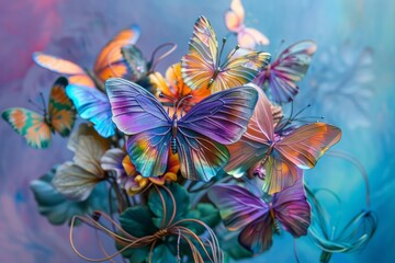 Wall Mural - Group of butterflies with iridescent wings resting on colorful flowers against a blue background