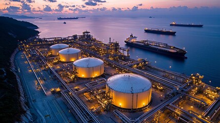 Industrial LNG Liquefied Natural Gas An aerial view of a large LNG terminal at dusk