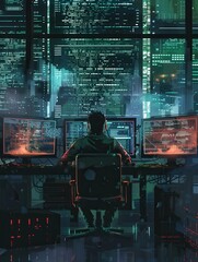 Fototapete - A hacker intently works at a desk filled with screens, displaying complex data in a darkened room while the city glows outside. Generative AI