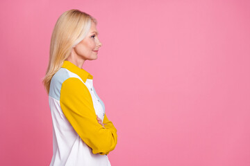 Sticker - Profile portrait of pretty aged lady look empty space wear shirt isolated on pink color background