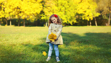 Wall Mural - Happy little girl kid with yellow maple leaves in sunny autumn park