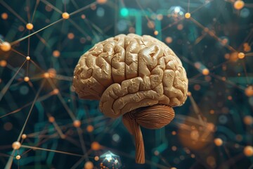 Poster - 3d rendered illustration of a human brain surrounded by a network of connections, symbolizing artificial intelligence and neural networks