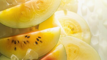 Fresh sweet ripe yellow watermelon slices macro closeup view