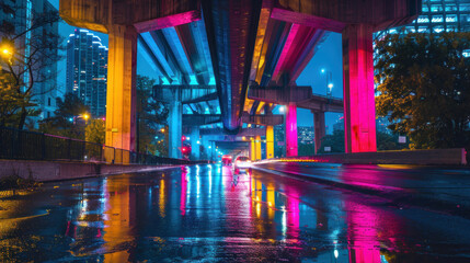 Urban night scene with a car driving under a bridge, surrounded by colorful city lights