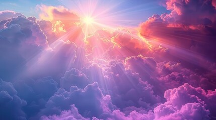 Wall Mural - ethereal rays of light breaking through clouds in a dramatic sky creating a heavenly atmosphere with soft glowing colors