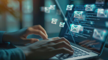 Hands on a laptop keyboard, drafting an email in an office setting, with blurred office background