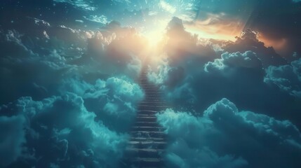 Wall Mural - ethereal staircase ascending through clouds towards a radiant celestial realm